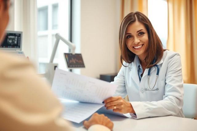 Doctor in white coat reviewing patient documents at a desk in a medical office. Healthcare professional consultation, examination, and medical paperwork are visible. Bright, clean environment.