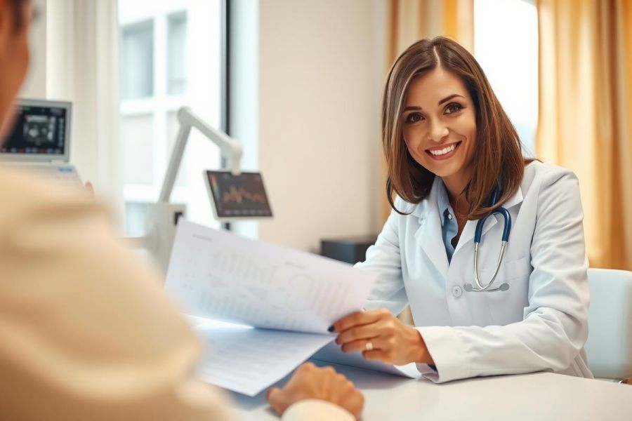 Doctor in white coat reviewing patient documents at a desk in a medical office. Healthcare professional consultation, examination, and medical paperwork are visible. Bright, clean environment.