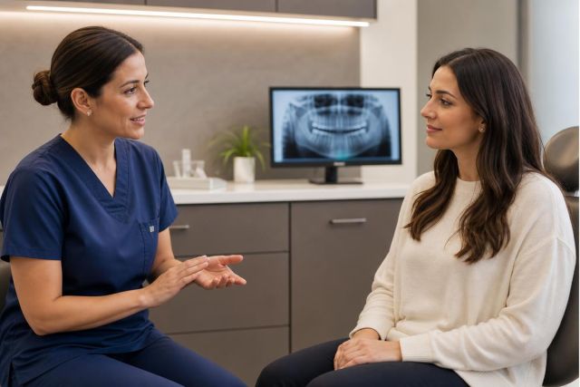 Dental consultation between clinician and patient in modern exam room with dental X-ray.