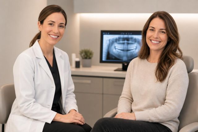 Dentist consulting with patient in exam room, dental X‑ray visible on monitor behind.