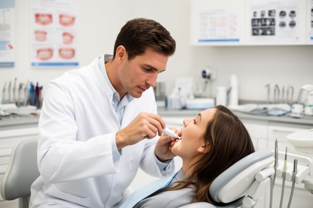 Dentist using an intraoral scanner to examine a patient's open mouth during a pre-orthodontic assessment.