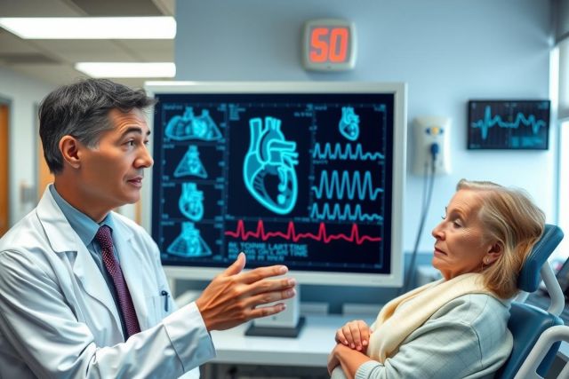 The image shows a medical consultation room with a patient and a doctor. The doctor, who appears to be male, is standing next to the patient, looking at her with interest. He is wearing a white lab coat and has his hands outstretched as if explaining something about her condition.