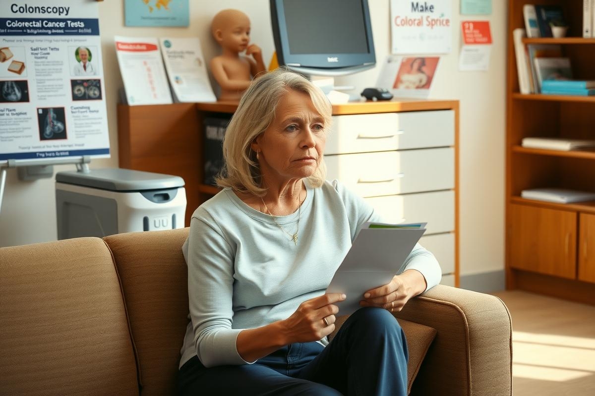 A woman is sitting on a couch, holding paperwork in her hands. The room has various medical posters and pamphlets displayed on the wall, indicating that she might be at a healthcare facility or receiving health-related information. Her expression is serious, suggesting she's focused on reading or discussing the content of the papers.