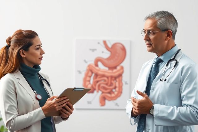 The image shows a male doctor and a female nurse in a medical office setting. The doctor is standing, wearing a white coat with a stethoscope around his neck, indicating he's likely examining the patient. 
