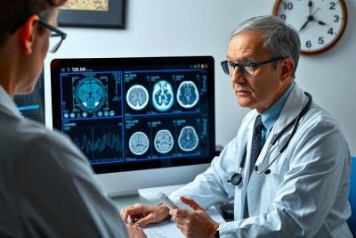 In the image, there is a medical consultation setting with two individuals. One person, who appears to be a doctor based on attire and context, is providing information or advice to the other individual, likely a patient. 