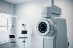 Dental X-ray machine in a modern, bright white dental clinic. Close-up view of the equipment with blurred monitors and window in the background. Focus on medical technology and diagnostic imaging.