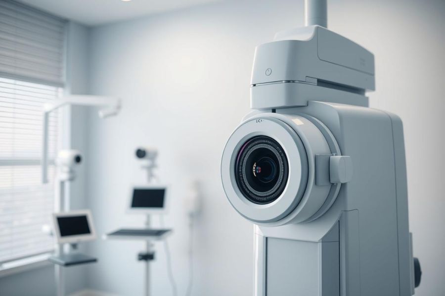 Dental X-ray machine in a modern, bright white dental clinic. Close-up view of the equipment with blurred monitors and window in the background. Focus on medical technology and diagnostic imaging.