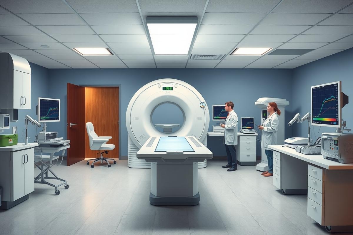 The image depicts a modern medical imaging room. A team of two radiologists is present, standing near an MRI machine that occupies the central area. The room has a large screen on one wall displaying patient data in real time, and various other medical equipment is visible throughout the space, including monitors and other diagnostic tools.