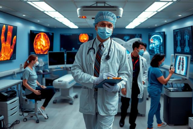 The image showcases a medical team in an advanced imaging room. At the center, a doctor is holding a clipboard and appears to be analyzing patient scans on multiple monitors that display brain MRIs and X-rays of hands.