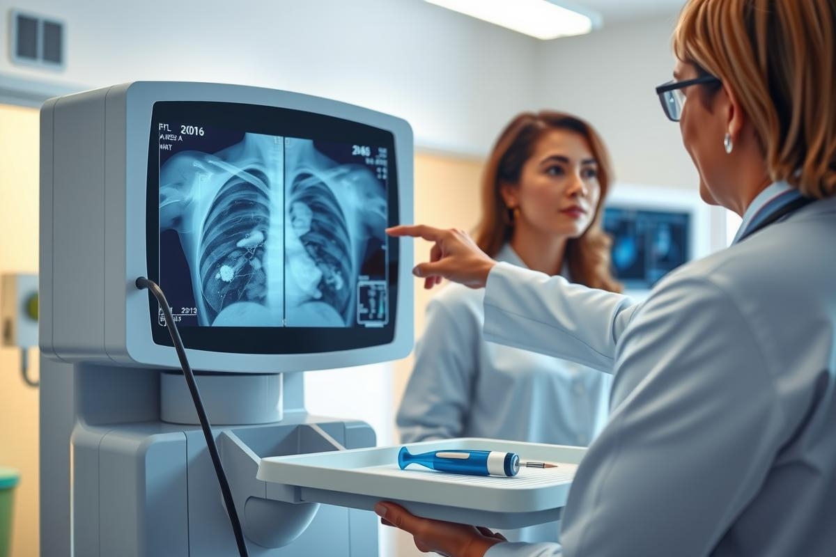 The image depicts a medical setting with two people, presumably doctors or radiologists. A patient has an X-ray screen. The doctor on the left is pointing at something on the screen. Both are wearing white lab coats and appear to be examining the results.