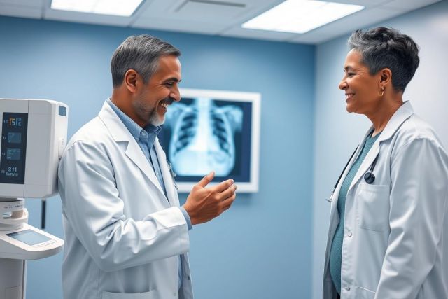 Two doctors in white coats discuss an X-ray image displayed on a wall in a medical clinic. A modern, blue-toned environment suggests a healthcare setting. The scene conveys collaboration and patient care within a radiology or diagnostic context.