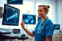 Female doctor in scrubs examines an ultrasound image of a fetus on a monitor. Medical professional in a clinic setting, showcasing prenatal care and diagnostic imaging.