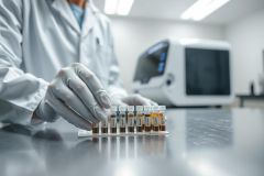 Scientist in a lab coat handling test tubes in a modern laboratory setting. Focus on medical research, analysis, and diagnostics with a blurred scientific instrument in the background. Predominantly white and gray tones convey a sterile, professional environment.