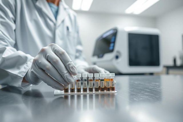 Scientist in a lab coat handling test tubes in a modern laboratory setting. Focus on medical research, analysis, and diagnostics with a blurred scientific instrument in the background. Predominantly white and gray tones convey a sterile, professional environment.