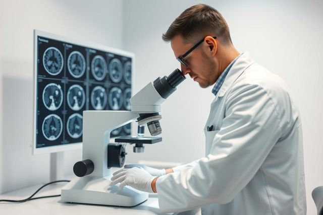 Scientist in a lab examining a microscope, with a medical scan displayed on a monitor. White lab coat, gloves, and glasses are visible. Focus on medical research, diagnostics, and healthcare technology. Blue and white color scheme.