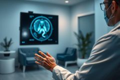 Doctor examining a brain MRI scan on a screen in a modern medical clinic. The image features a healthcare professional wearing a mask, with a blurred background of waiting room furniture and plants. Blue and gray tones dominate, conveying a professional and clinical atmosphere. Focus on medical diagnostics and neurology.