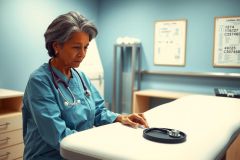 A healthcare worker in scrubs examines medical instruments on a countertop in a bright, clean clinic setting. The image conveys a focus on medical procedures and patient care.