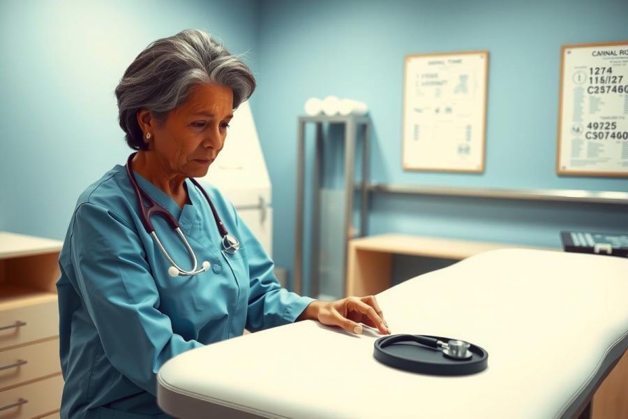 A healthcare worker in scrubs examines medical instruments on a countertop in a bright, clean clinic setting. The image conveys a focus on medical procedures and patient care.