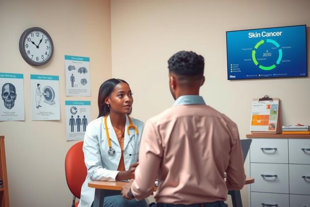 The image depicts a medical office setting with a doctor and patient. The doctor is dressed in professional attire, including a white coat, while the patient is seated across from him on an examination table. 