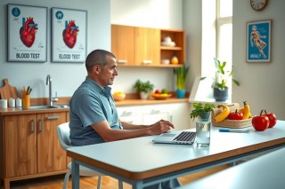 The image shows a man seated at a desk in a modern kitchen setting. He appears to be using a laptop computer, possibly for work or personal use. The kitchen is well-equipped with various appliances and items such as a microwave, oven, refrigerator, and shelving units filled with food items like bananas, apples, and other fruits. There are also pictures hanging on the wall that seem to relate to health or medical themes. The overall atmosphere suggests a blend of domestic life with technology integration.