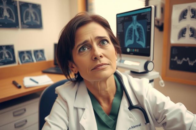 This is a photograph of a medical professional, likely a radiologist or a respiratory therapist, in an office setting. The individual is wearing a white coat and has an expression that might suggest concern or focus on the scans displayed around them. 
