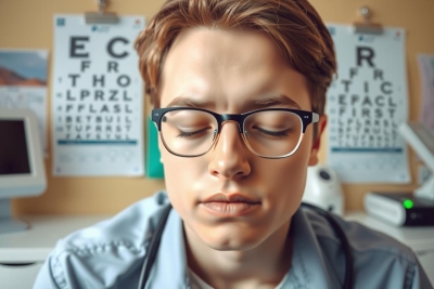 In the image, a young man with a neutral expression is sitting at a desk. He appears to be in a medical or educational setting, as suggested by the eye chart and text visible behind him. The environment is calm and focused, indicated by his hands being placed together on his face, possibly in a state of deep thought or concentration.