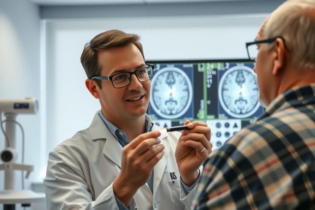 Doctor examining a patient with brain scans visible in the background. Medical consultation, healthcare professional, diagnostic imaging, neurological assessment. White coat, lab setting.