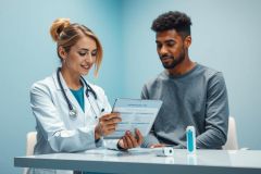 Doctor and patient consultation in a modern medical office. A female doctor in a white coat reviews paperwork with a male patient. Blue and grey tones create a professional healthcare setting. Focus on health, medical care, and patient communication.