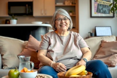 The image shows an elderly woman seated on a couch in what appears to be a living room or kitchen area. She is smiling and looking at the camera with a warm expression. In front of her on the coffee table, there are various fruits like bananas, apples, and oranges, suggesting she might be enjoying a healthy snack. The environment is domestic and cozy with neutral colors such as the brown of the couch and the white cabinets in the background.