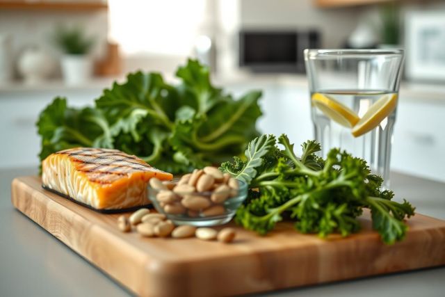 Grilled salmon on a wooden board with kale, peanuts, and a glass of water with lemon. Healthy food preparation, vibrant green and orange colors, clean kitchen setting.
