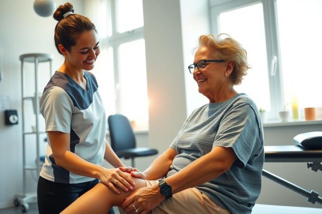 Physical therapist examining patient's knee in clinic. Healthcare professional providing assessment in a bright, modern treatment room. Focus on rehabilitation and patient care.