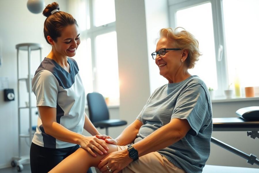 Physical therapist examining patient's knee in clinic. Healthcare professional providing assessment in a bright, modern treatment room. Focus on rehabilitation and patient care.