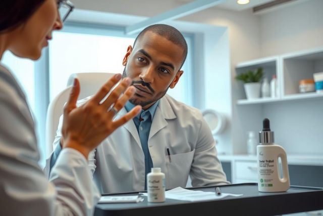 Doctor in a white coat consults with a patient in a modern clinic. Focus on health, wellness, and professional medical care. The setting features a clean and bright environment.