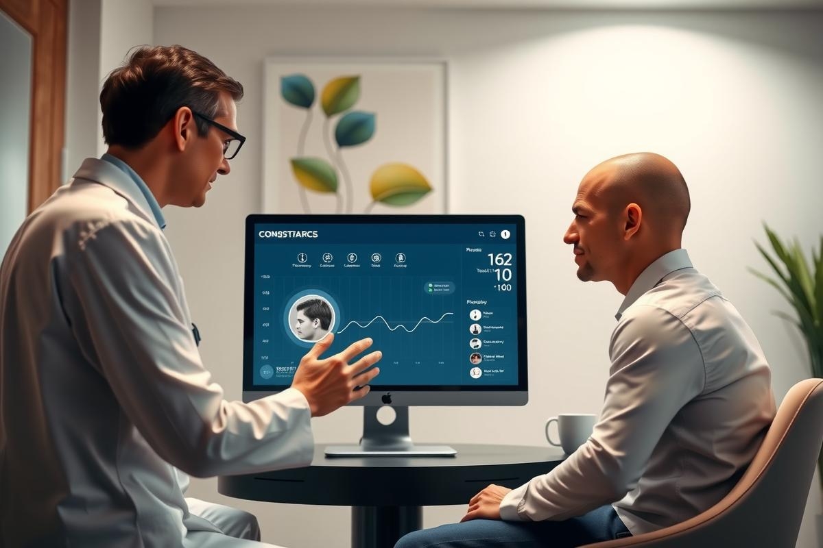 Man in suit consults with someone across a table, likely a doctor-patient scenario. Interior setting with a modern aesthetic and a monitor visible in the background.