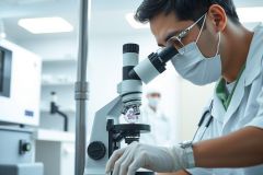 Scientist in lab coat and gloves examines a microscope slide in a lab setting. Focus on research, biology, and scientific analysis. Bright, clean environment.