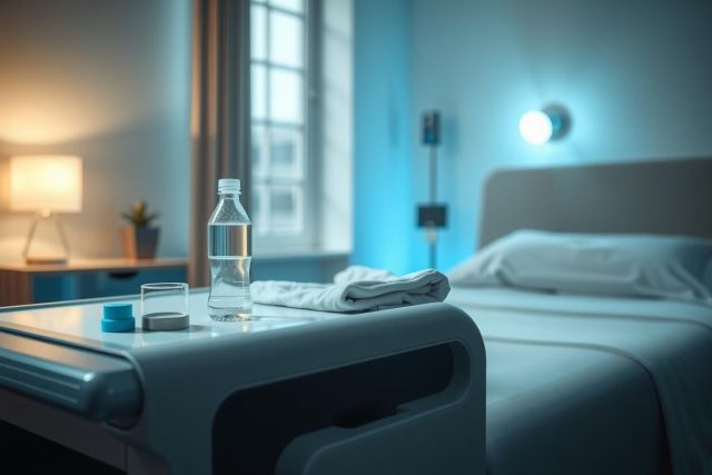 Hospital room with a bed, bedside table, and water bottle. Clean, bright, and modern environment. Healthcare setting, medical room.