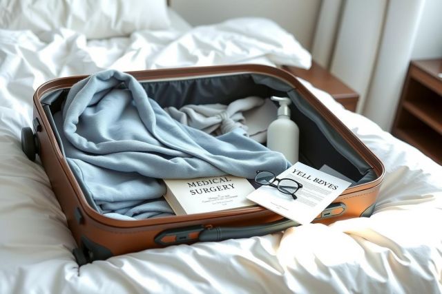 A blue scarf and medical textbooks are inside a brown suitcase on a white bed. The suitcase is open, revealing its contents, with a clean and minimalist aesthetic.