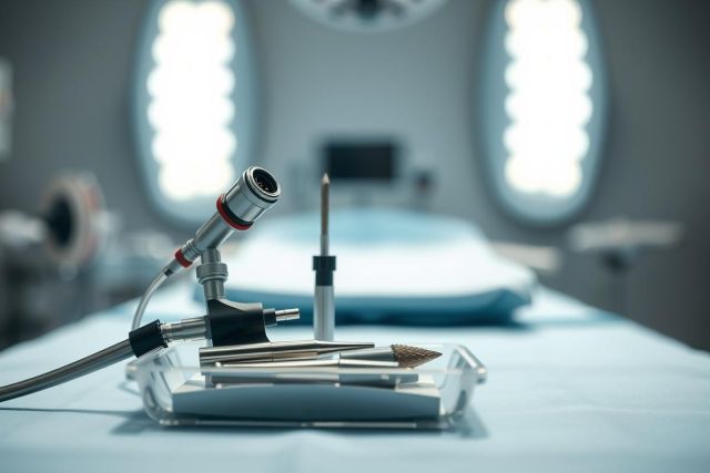 Surgical instruments in a modern operating room. Sterile environment, blue color scheme, medical instruments on a tray evoking a surgical procedure or medical equipment display. Health and surgery theme.
