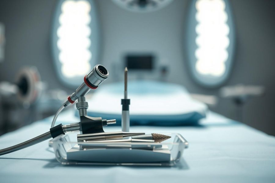 Surgical instruments in a modern operating room. Sterile environment, blue color scheme, medical instruments on a tray evoking a surgical procedure or medical equipment display. Health and surgery theme.