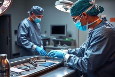 Two surgeons in a sterile operating room. One is standing while the other is seated, both wearing surgical gowns and masks, with medical equipment and monitors around them.