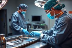 Two surgeons in a sterile operating room. One is standing while the other is seated, both wearing surgical gowns and masks, with medical equipment and monitors around them.