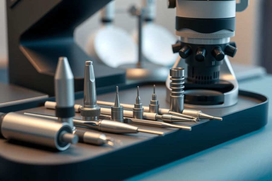 Close-up of precision machining tools on a dark surface, with a blurred background of what appears to be a laboratory or workshop setting. Metallic tools display intricate designs, highlighting precision engineering and manufacturing.
