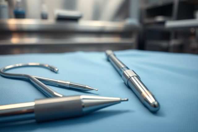 Close-up of surgical instruments on a blue medical drape. Stainless steel tools, including a retractor and probe, are shown in a sterile operating room setting. Focus on precision and medical equipment.