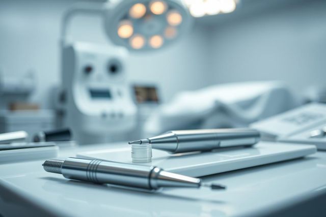 Close-up of medical instruments on a sterile white surface in a blurred operating room setting. Silver tools, surgical equipment, and bright overhead lighting create a clinical, professional atmosphere. Focus on precision and healthcare technology.