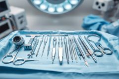 Surgical instruments laid out on a blue sterile tray in an operating room setting. Stainless steel tools, scissors, forceps, and medical equipment are visible under bright surgical lights. Healthcare, surgery, and medical themes are prominent.