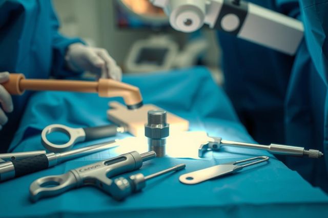 Surgical instruments laid out on a blue drape, illuminated by a light. Close-up view of medical tools in an operating room setting, likely for a procedure. Focus on precision and sterile environment.