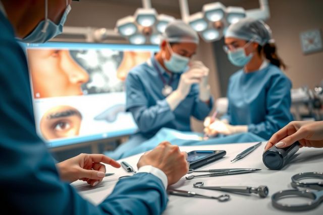 This is a medical setting featuring multiple healthcare professionals dressed in surgical attire, indicating they are in the midst of a procedure. On the large screens behind them, we can see high-resolution images of noses and faces being studied or analyzed, likely for diagnostic purposes.