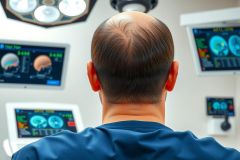 Surgeon in blue scrubs, viewed from behind in an operating room. Medical equipment, monitors, and surgical tools are visible in the background. Focus on healthcare, surgery, and medical technology.