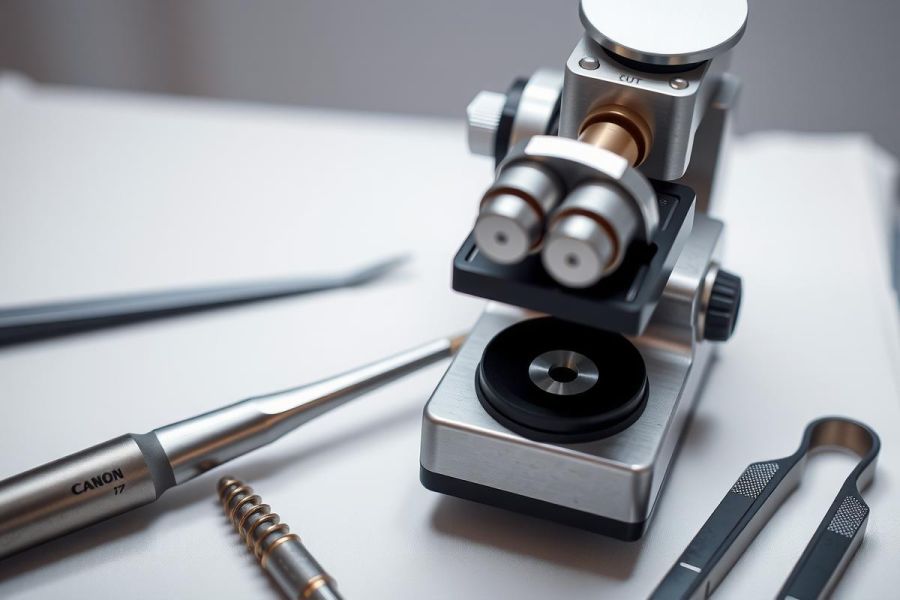 Close-up of a microscope with tools. The image showcases scientific equipment with a metallic finish and black accents, set against a neutral background. Ideal for science, education, or laboratory imagery.