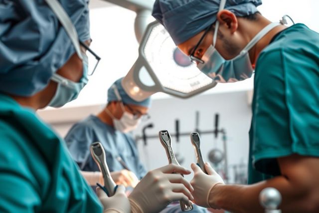 The image depicts a medical operation taking place in an operating room. There are at least three surgeons wearing surgical gowns, caps, and masks, indicating a high level of professionalism and sterile environment. The surgeons are focused on their tasks with various surgical tools visible around them.